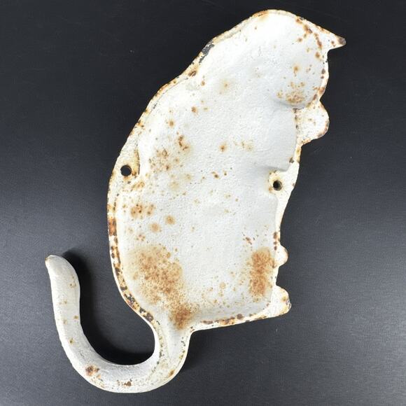 Vintage Cast Iron Cat Wall Hook Key Coat Hanger Rustic White Rusty Patina - Picture 5 of 12